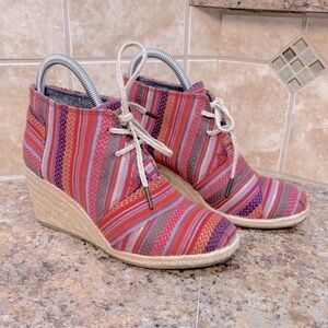 Toms Mexican Serape Blanket Hemp Linen Espadrille Wedge Ankle Booties Si…